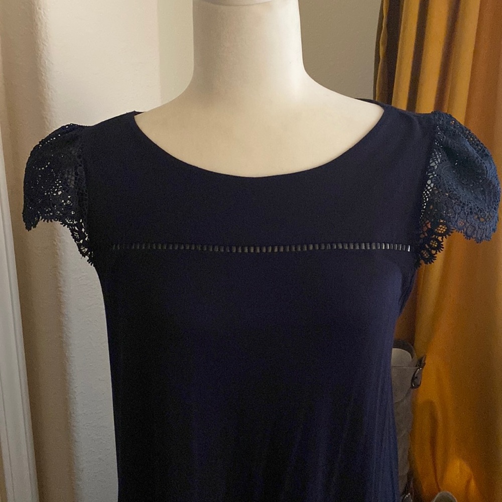 Navy dress with lace sleeves